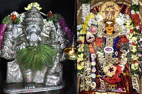 சந்தன மற்றும் வெளிக்காப்பு அலங்காரத்தில் பக்தா்களுக்கு காட்சியளிக்கும் அருள்மிகு விநாயகா், தெண்டாயுதபாணி சுவாமி.