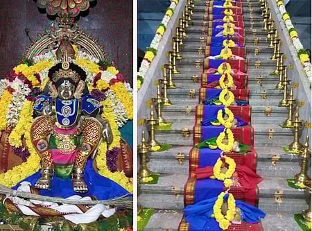 நாகை கிழக்கு சபரிமலை ஐயப்பன் கோயிலில் புதன்கிழமை நடைபெற்ற படிபூஜையையொட்டி, சிறப்பு அலங்காரத்தில் காட்சியளித்த ஸ்ரீ ஐயப்பன்.