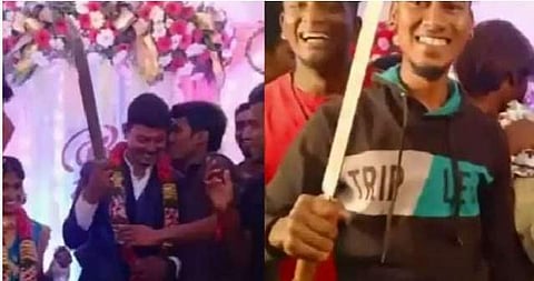 பட்டா கத்தியால் கேக் வெட்டிய மணமகன் கைது