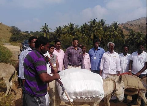 நெக்னாமலைக்கு கழுதைகள் மூலம் பொங்கல் பரிசுத் தொகுப்பு கொண்டு செல்லும் பணி 