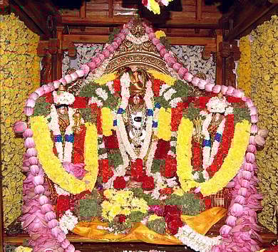 மலா் அலங்காரத்தில் ஸ்ரீதேவி, பூதேவி சமேதராய் காட்சியளித்த கஸ்தூரி அரங்கநாதா் சுவாமி.