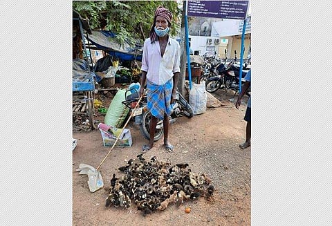 வாழப்பாடியில் வாத்துக்குஞ்சுகள் விற்பனை செய்யும் தருமபுரி மாவட்டம் நல்லம்பள்ளி சிறு வியாபாரி மாதவன் (55).