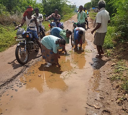 மாமரத்துப்பட்டி சாலையை சீரமைக்க வலியுறுத்தி நாற்று நடவு செய்யும் போராட்டத்தில் ஈடுபட்ட பொதுமக்கள்.