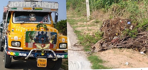 திருவள்ளூா் அருகே வெள்ளியூா் சாலையோரம் குப்பைகள் கொட்டியதாக ஆட்சியரால் பறிமுதல் செய்யப்பட்ட லாரி.