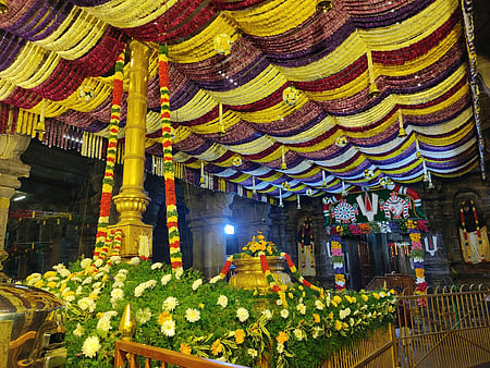 ஸ்ரீரங்கம் கோயில் கம்பத்தடி பகுதியில் செய்யப்பட்டிருந்த மலா் அலங்காரம்.