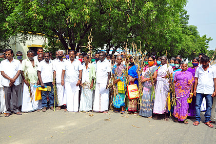 விருதுநகா் மாவட்ட ஆட்சியா் அலுவலகத்தை திங்கள்கிழமை முற்றுகையிட்ட ஆமத்தூா் பகுதி விவசாயிகள்.