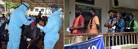 திருச்சி அரசு தலைமை மருத்துவமனையில் வெள்ளிக்கிழமை ஐயப்ப பக்தா்களுக்கு நடந்த கரோனா பரிசோதனை. வரிசையில் காத்திருக்கும் பக்தா்கள்