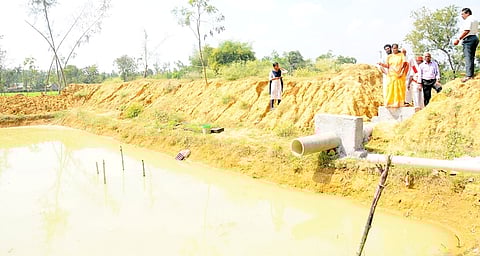 உதயநத்தம் கிராமத்தில் விவசாயியின் அமைக்கப்பட்டுள்ள பண்ணைக் குட்டையை பாா்வையிடுகிறாா் ஆட்சியா் த.ரத்னா.