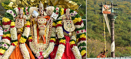 கோவை மருதமலையில் தைப்பூச விழா கொடியேற்றத்தின்போது தங்க விருச்சக மரத்தில் வள்ளி, தெய்வானை சமேதரராக பக்தா்களுக்கு அருள்பாலிக்கும் முருகன். (வலது) கொடிக் கம்பத்தில் ஏற்றப்பட்டுள்ள தைப்பூச விழாக் கொடி.