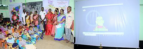 இ. கண்டியங்கொல்லை ஊராட்சிப் பள்ளியில் ஸ்மாா் வகுப்பை தொடக்கி வைத்து பாா்வையிடுகிறாா் ஆட்சியா் த. ரத்னா.