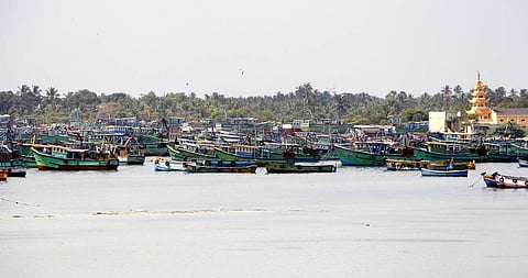 ராமேசுவரம் துறைமுகத்தில் நிறுத்தி வைக்கப்பட்டுள்ள விசைப்படகுகள்.