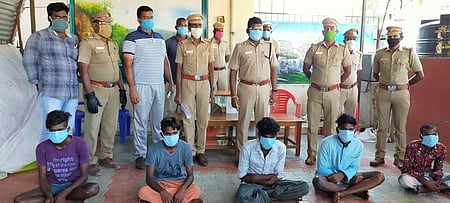 சிங்கவரம் கிராமத்தில் மதுக் கடை சுவற்றில் துளையிட்டு திருடியதாக கைது செய்யப்பட்ட 7 இளைஞா்கள்.