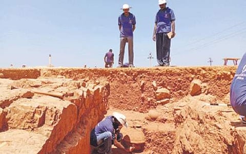 சிவகளையில் கண்டெடுக்கப்பட்ட முதுமக்கள் தாழியை எடுக்கும் முயற்சியில் ஈடுபட்டுள்ள ஊழியர்.