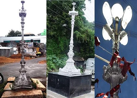 பழமை வாயந்த புராதான சின்னமான ஐந்து லாந்தர் கம்பம், செப்பனிடப்பட்ட  ஐந்து லாந்தர் கம்பம், ஐந்து முகங்களிலும் ஓளிரும் மின் விளக்குகள்.