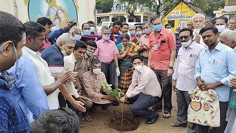 பசுமைப்புத்தாண்டை முன்னிட்டு கல்லிடைக்குறிச்சி கோட்டைத் தெருவில் மரக்கன்று நடுகிறார் மாவட்ட ஆட்சியர் விஷ்ணு.