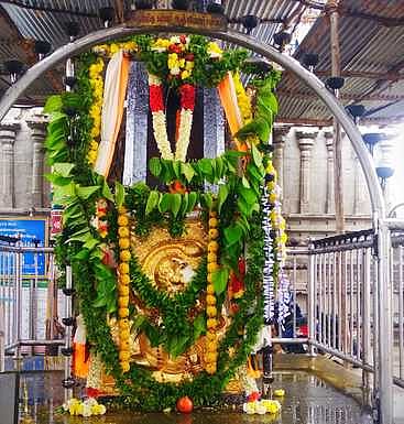 பெரம்பலூா் மதனகோபாலசுவாமி கோயிலில் சிறப்பு அலங்காரத்தில் காட்சியளித்த கம்பத்து ஆஞ்சநேயா்.