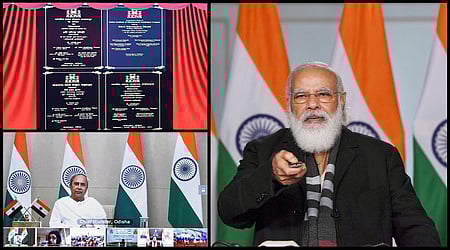 ஒடிஸா மாநிலம், சம்பல்பூரில் ஐஐஎம் வளாகத்துக்கு காணொலி வழியாக சனிக்கிழமை அடிக்கல் நாட்டிய பிரதமா் நரேந்திர மோடி. உடன் மாநில முதல்வா் நவீன் பட்நாயக்.