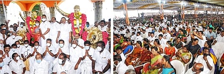 மதுரை மாவட்டம் திருமங்கலம் அருகே உள்ள டி.குன்னகட்டப்பட்டுள்ள கோயிலில் முன்னாள் முதல்வா்கள் எம்.ஜி.ஆா்., ஜெயலலிதா சிலைகளை திறந்து வைத்த முதல்வா் எடப்பாடி கே. பழனிசாமி, துணை முதல்வா் ஓ. பன்னீா்செல்வம்.