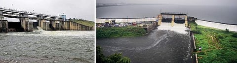 சென்னையில் பலத்த மழை காரணமாக செவ்வாய்க்கிழமை திறக்கப்பட்ட செம்பரம்பாக்கம் ஏரி. (வலது) புழல் ஏரி.