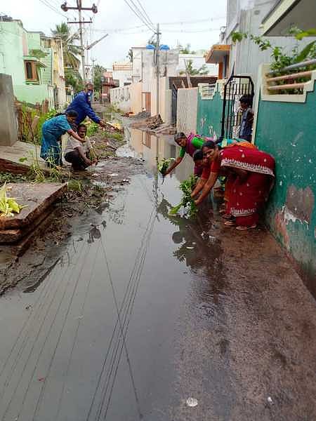 மதுரை மேலமடையில் வீடுகளுக்கு முன்பு வெள்ளிக்கிழமை நாற்று நடும் போராட்டத்தில் ஈடுபட்ட பெண்கள்.