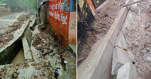 புதிதாக கட்டப்பட்ட மழைநீர் வடிகால் இடிந்து விழுந்ததால் பரபரப்பு 