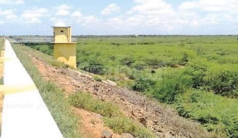 நீரின்றி வறண்டு கிடக்கும் வட்டமலைக்கரை அணை.