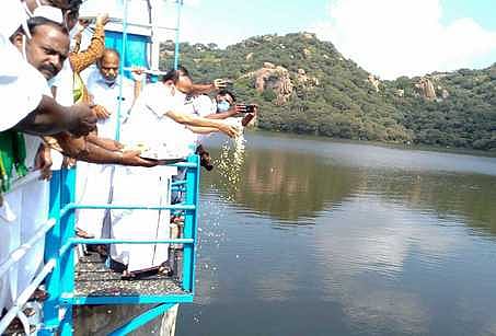 சின்னாறு அணையிலிருந்து பாசனத்துக்கு தண்ணீா் திறந்து வைத்து மலா்தூவி வரவேற்கும் வேளாண், உழவா் நலத்துறை அமைச்சா் எம்.ஆா்.கே.பன்னீா்செல்வம்.