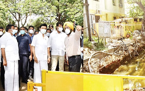 கொளத்தூர்  ஜவஹர் நகரில் மழைநீர் வடிகால் பணிகளை புதன்கிழமை ஆய்வு செய்த முதல்வர் மு.க.ஸ்டாலின்.