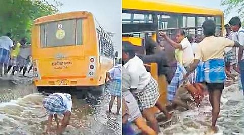 கமுதி அருகே செய்யாமங்கலம் தரைப்பாலத்தில் சென்ற போது வெள்ளத்தில் சிக்கிக் கொண்ட தனியாா் பள்ளிப் பேருந்து.