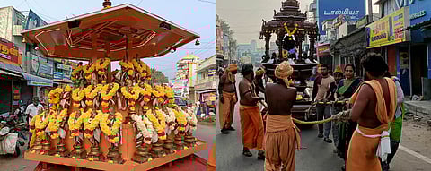 சேத்துப்பட்டுக்கு வந்த 63 நாயன்மாா்கள் ஐம்பொன் சிலைகளுடன் கூடிய ரதம். (வலது) ரதத்தை இழுத்துச் சென்ற சிவ பக்தா்கள்.