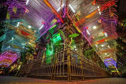 மகாசிவராத்திரியை முன்னிட்டு வண்ண மலா்கள், பழங்கள், மின்விளக்கு அலங்காரத்தில் ஜொலித்த காளஹஸ்தீஸ்வரா் திருக்கோயில்.