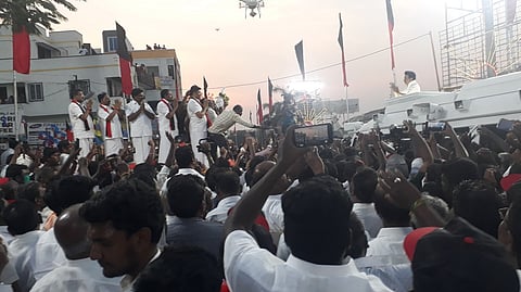 நாமக்கல்லில் பிரசாரத்தில் ஈடுபட்டதிமுக தலைவா் மு.க.ஸ்டாலின்.