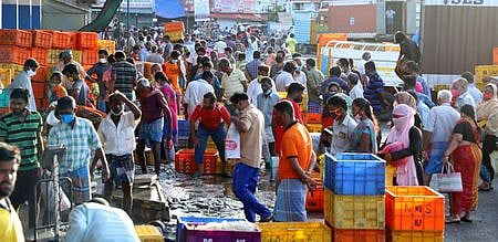 மத்தியப் பேருந்து நிலையத் தற்காலிக மீன் சந்தையில் ஞாயிற்றுக்கிழமை மீன் வாங்கக் குவிந்த மக்கள்