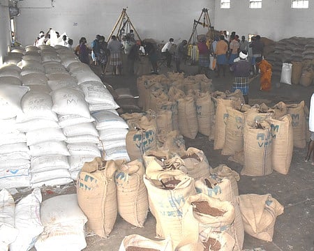 விழுப்புரம் வேளாண் ஒழுங்குமுறை விற்பனைக் கூடத்தில் குவிந்து கிடக்கும் எள் மூட்டைகள்.