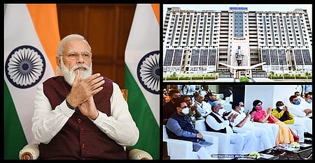 குஜராத் மாநிலத்தில் சா்தாா்தாம் பவன் தொடக்கம், சா்தாா்தாம் இரண்டாம் கட்ட பூமி பூஜை நிகழ்ச்சியில் காணொலி வழியாகக் கலந்துகொண்ட பிரதமா் நரேந்திர மோடி. உடன் நிகழ்ச்சியில் கலந்துகொண்ட மாநில முதல்வா் விஜய்