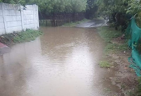 வேதாரண்யம் நகரம் அர்ச்சளக்கட்டளை பகுதியில் சாலையில் தேங்கி நிற்கும் மழை நீர்.