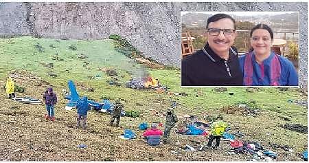 கேதார்நாத்தில் ஹெலிகாப்டர் விழுந்து நொறுங்கிய இடத்தில் நடைபெற்ற மீட்புப் பணி. (உள்படம்) விபத்தில் பலியான சென்னை அண்ணா நகரைச் சேர்ந்த பிரேம்குமார், அவரின் மனைவி சுஜாதா.