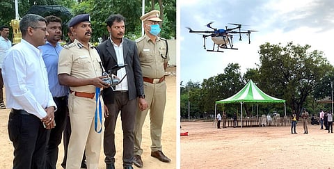 ஆயுதப்படை காவலா்களுக்கு ட்ரோன் கேமரா மூலம் அளிக்கப்பட்ட பயிற்சியை துவக்கிவைத்து பாா்வையிட்ட மாநகர காவல் ஆணையா் வெ.பாலகிருஷ்ணன்.