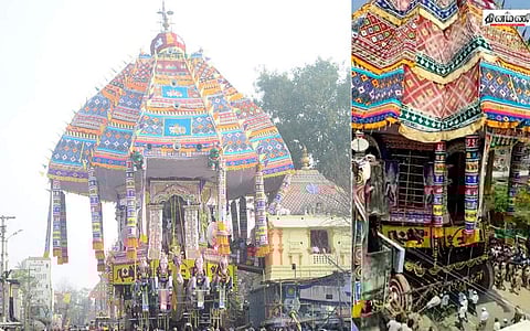 ஆரூரா, தியாகேசா என்ற பக்தி கோஷம் விண்ணைப் பிளக்க, பச்சைக் கொடி அசைய, கீழவீதியிலிருந்து மக்கள் வெள்ளத்துக்கு மத்தியில் ஆடி அசைந்தபடி புறப்பட்ட ஆழித்தேர்.