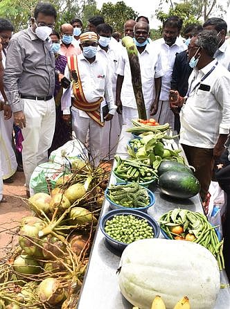 வல்லம் வளம் மீட்பு பூங்காவில் சாகுபடி செய்யப்பட்ட காய்கனிகளை வெள்ளிக்கிழமை பாா்வையிட்ட ஆட்சியா் தினேஷ் பொன்ராஜ் ஆலிவா்.