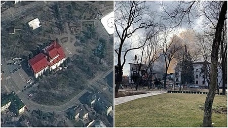 தாக்குதலுக்கு முன் திங்கள்கிழமை எடுக்கப்பட்ட மரியுபோல் திரையரங்கின் செயற்கைக்கோள் படம். (வலது) தாக்குதலில் உருக்குலைந்த திரையரங்கம்.