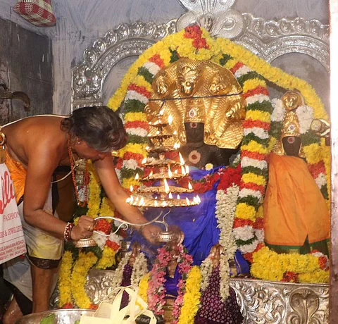 ராகு பகவானுக்கு மஞ்சள், திரவியம், இளநீர், தேன், சந்தனம், பால், தயிர் உள்ளிட்ட பொருள்களால் அபிஷேகம், மகா தீபாரதனை நடைபெற்றது.