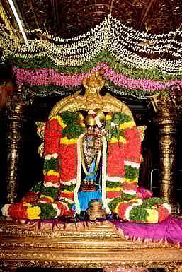 கோயிலில் பிரம்மாண்ட மாலையுடன் சா்வ அலங்காரத்தில் காட்சியளித்த ஆண்டாள்.