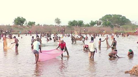 கண்மாயில் மீன் பிடிக்கும் பொதுமக்கள்.