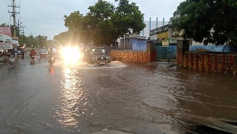 தாடிக்கொம்பு சாலையில் புதன்கிழமை பெருக்கெடுத்து ஓடிய மழைநீா்.