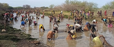 திருப்பத்தூா் அருகே மணக்குடி கண்மாயில் ஞாயிற்றுக்கிழமை நடைபெற்ற மீன்பிடித் திருவிழாவில் பங்கேற்றவா்கள்.