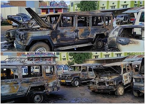 சனிக்கிழமை அதிகாலை ஏற்பட்ட தீ விபத்தில் 15 கார்கள் எரிந்து கருகியது.