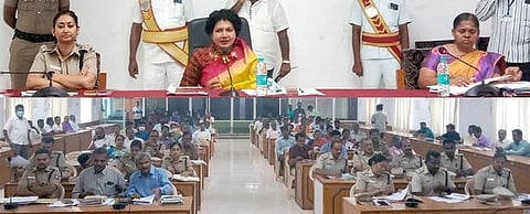 கூட்டத்தில் பேசுகிறாா் மாவட் டஆட்சியா் கவிதா ராமு.