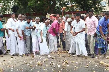 விலை வீழ்ச்சி எதிரொலி: தென்னை விவசாயிகள் தேங்காய் உடைப்பு போராட்டம்