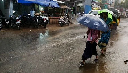 மழையில் குடைபிடித்து செல்வோர்.